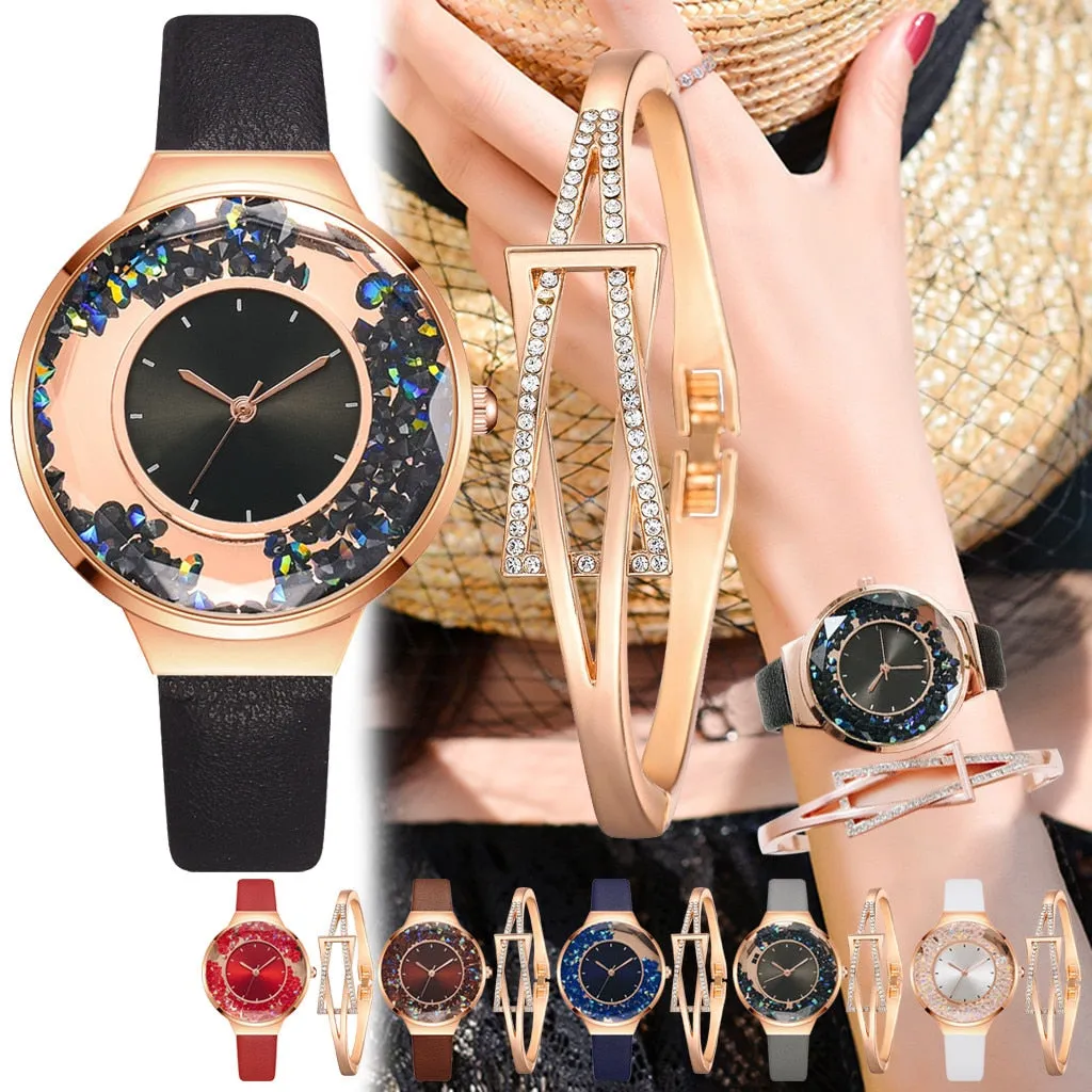 1 Set Bracelet & watch Genuine Leather Strap Shiny Quicksand stone Lady Layer Cowhide Belt Gold Women's Elegant Chain Watches