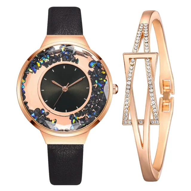 1 Set Bracelet & watch Genuine Leather Strap Shiny Quicksand stone Lady Layer Cowhide Belt Gold Women's Elegant Chain Watches