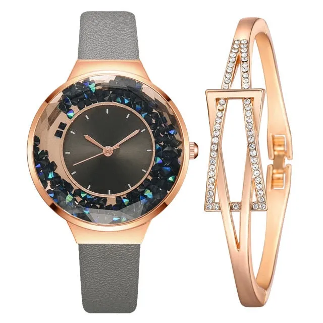 1 Set Bracelet & watch Genuine Leather Strap Shiny Quicksand stone Lady Layer Cowhide Belt Gold Women's Elegant Chain Watches