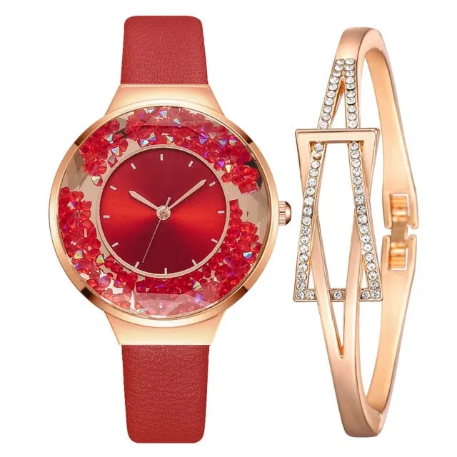 1 Set Bracelet & watch Genuine Leather Strap Shiny Quicksand stone Lady Layer Cowhide Belt Gold Women's Elegant Chain Watches