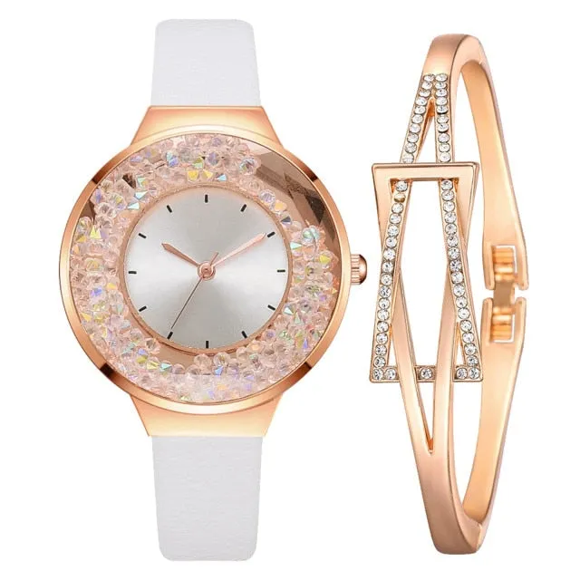 1 Set Bracelet & watch Genuine Leather Strap Shiny Quicksand stone Lady Layer Cowhide Belt Gold Women's Elegant Chain Watches