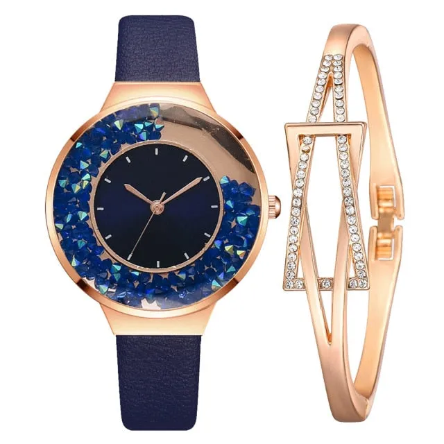 1 Set Bracelet & watch Genuine Leather Strap Shiny Quicksand stone Lady Layer Cowhide Belt Gold Women's Elegant Chain Watches