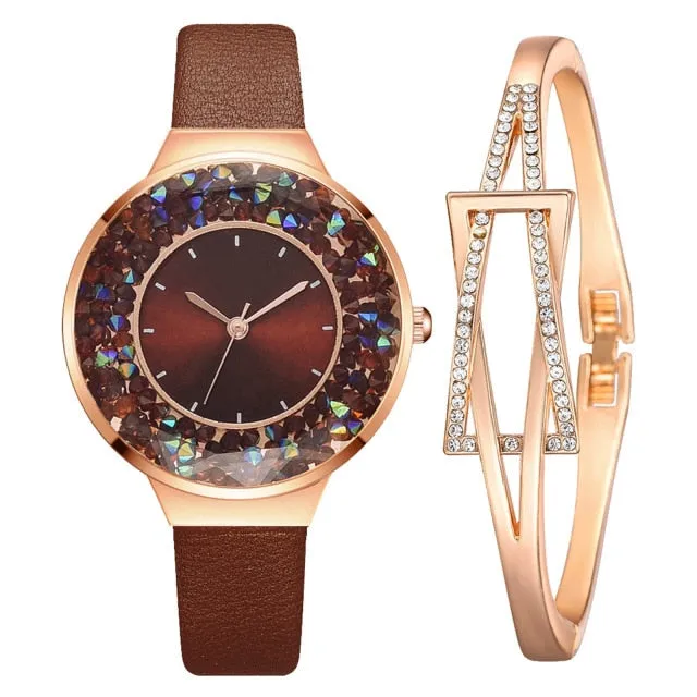 1 Set Bracelet & watch Genuine Leather Strap Shiny Quicksand stone Lady Layer Cowhide Belt Gold Women's Elegant Chain Watches