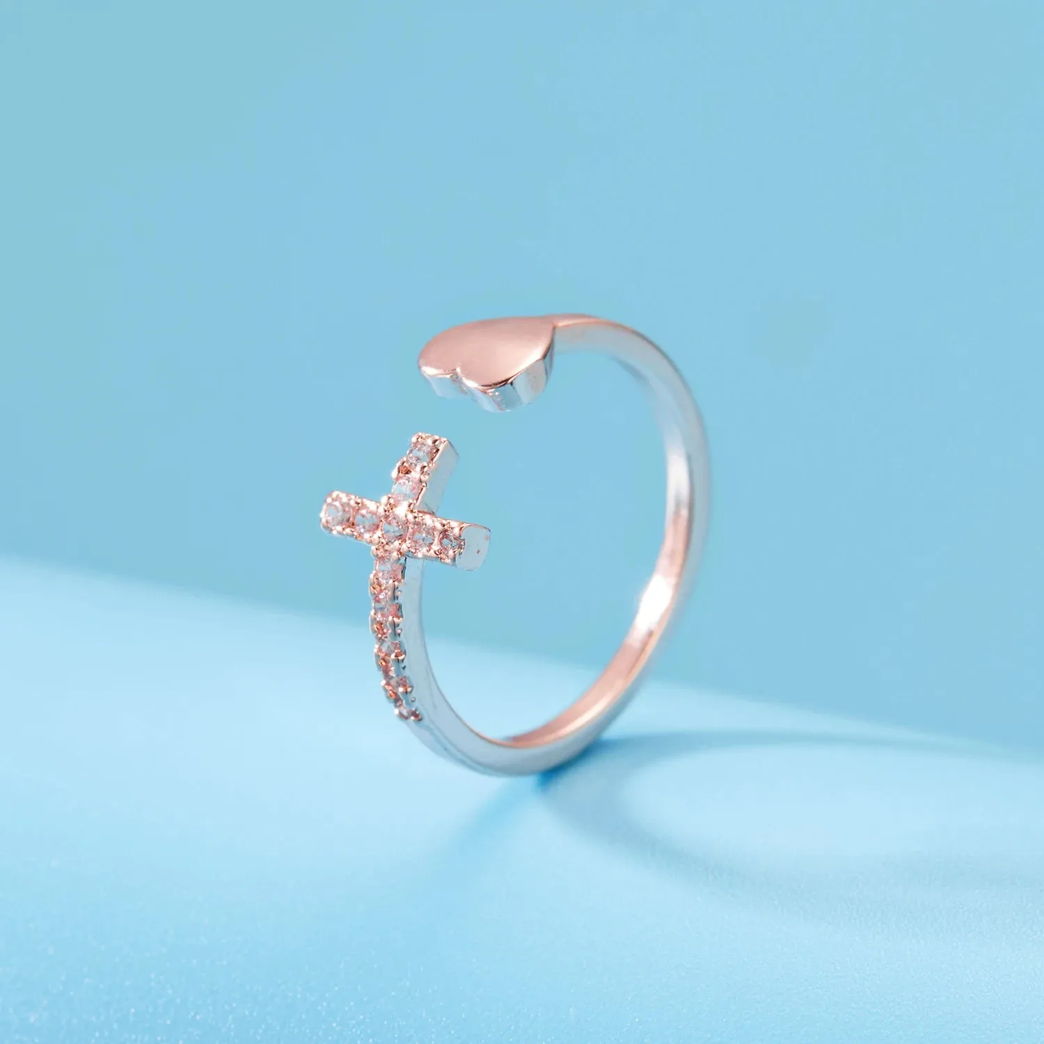 1PC Silver Color Alloy Rhinestone Cross Ring Geometric Heart Adjustable Opening Rings For Women Fashion Jewelry Gift