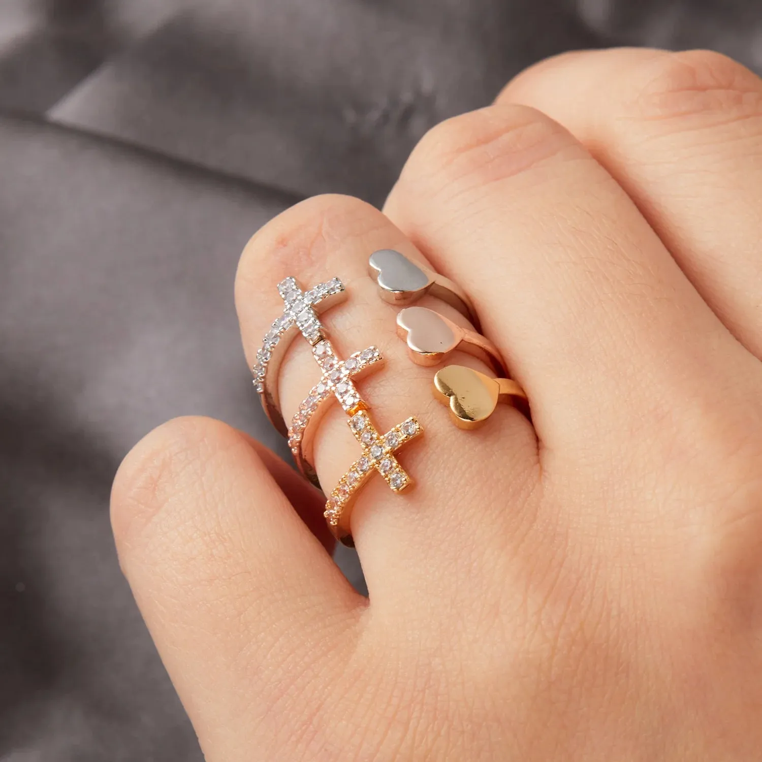 1PC Silver Color Alloy Rhinestone Cross Ring Geometric Heart Adjustable Opening Rings For Women Fashion Jewelry Gift