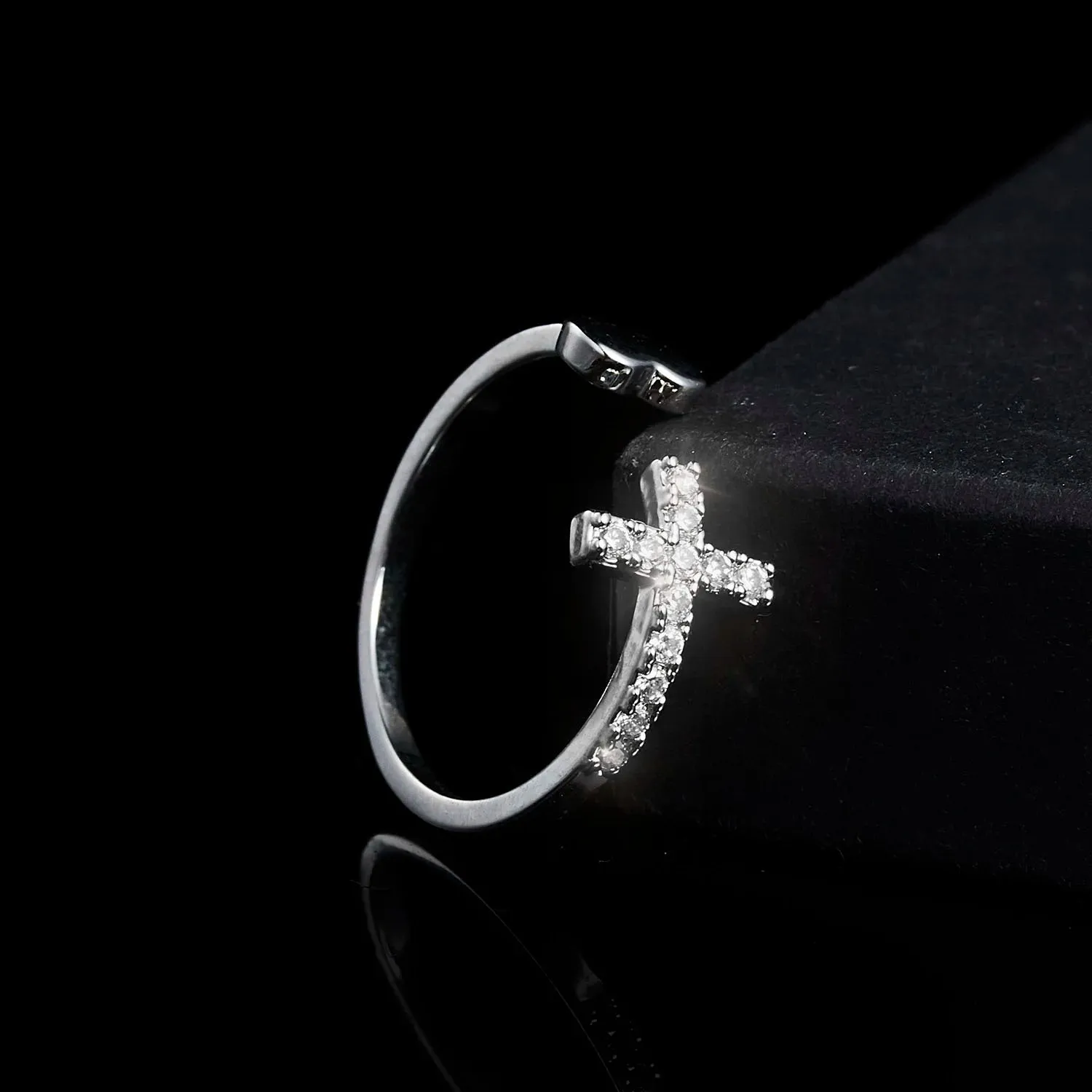 1PC Silver Color Alloy Rhinestone Cross Ring Geometric Heart Adjustable Opening Rings For Women Fashion Jewelry Gift