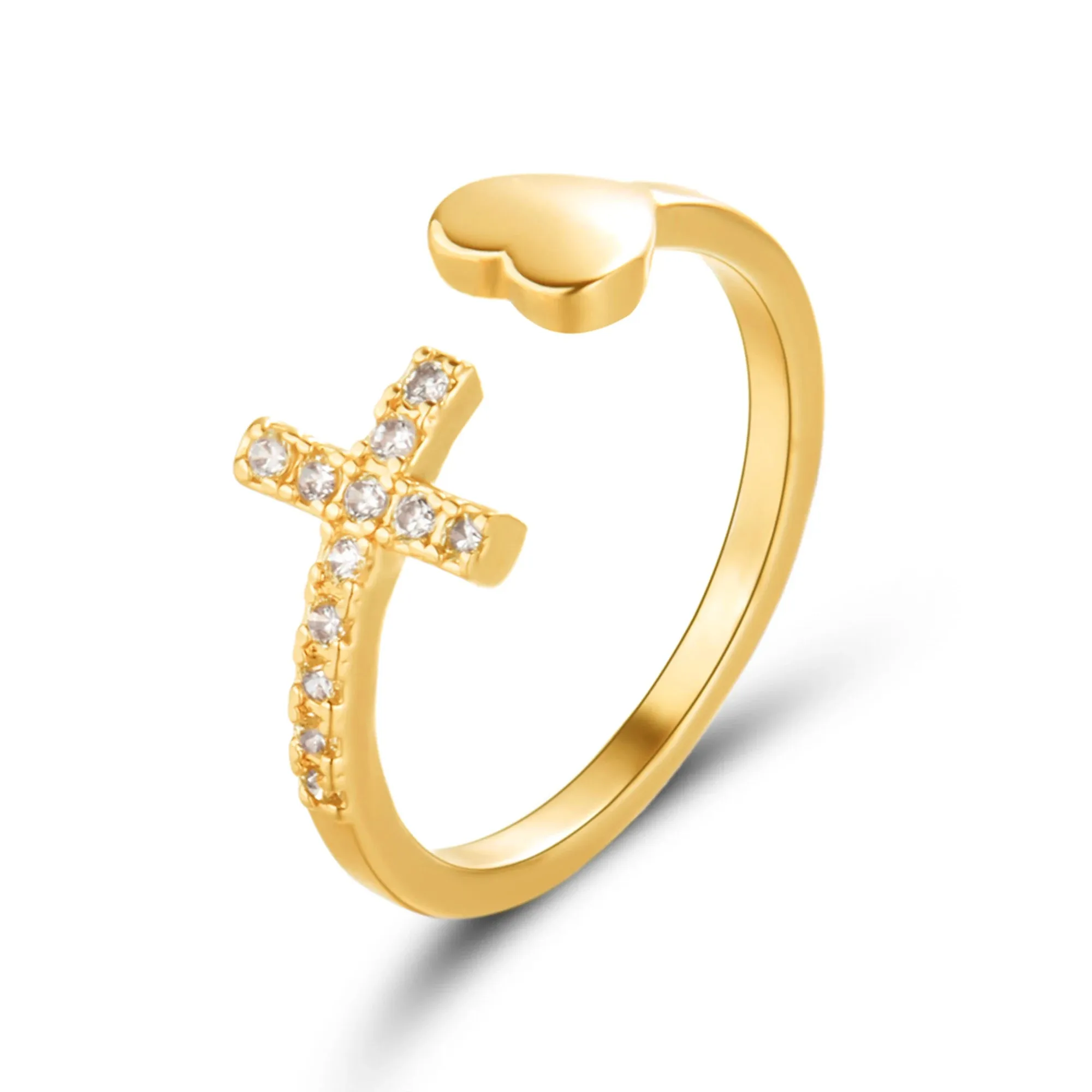 1PC Silver Color Alloy Rhinestone Cross Ring Geometric Heart Adjustable Opening Rings For Women Fashion Jewelry Gift