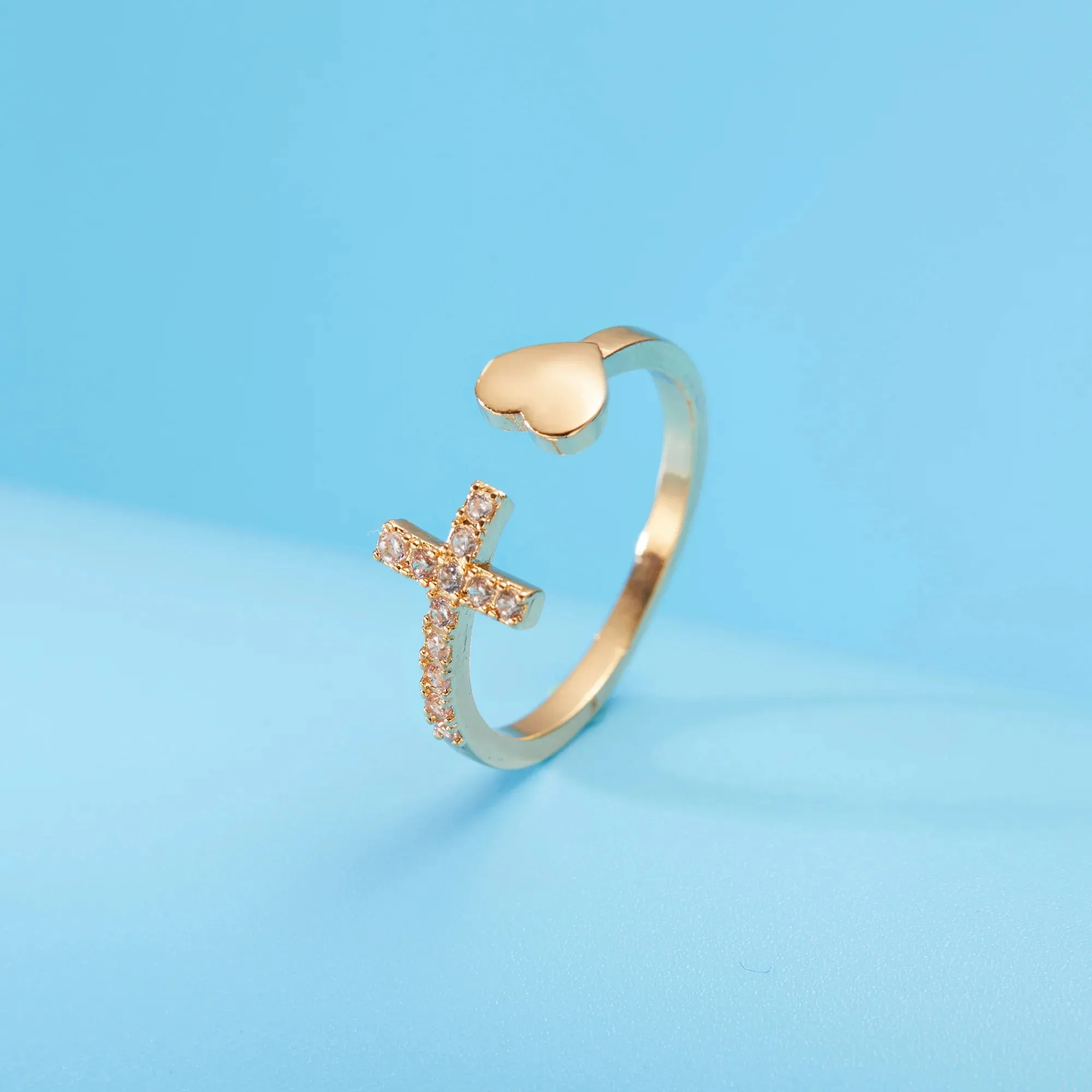 1PC Silver Color Alloy Rhinestone Cross Ring Geometric Heart Adjustable Opening Rings For Women Fashion Jewelry Gift