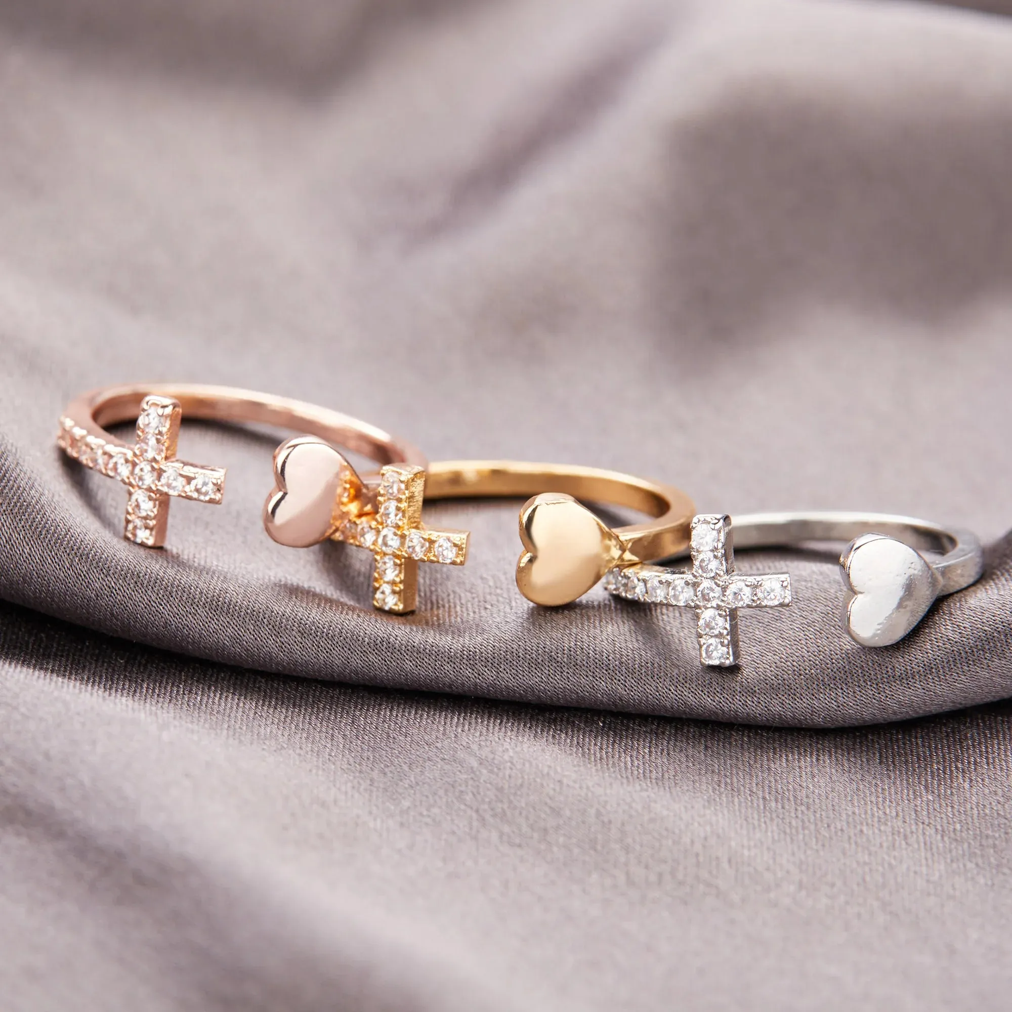 1PC Silver Color Alloy Rhinestone Cross Ring Geometric Heart Adjustable Opening Rings For Women Fashion Jewelry Gift