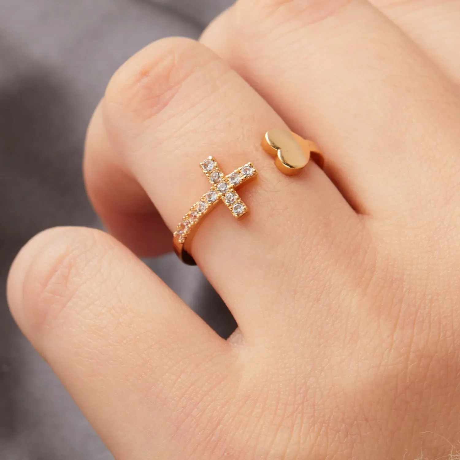 1PC Silver Color Alloy Rhinestone Cross Ring Geometric Heart Adjustable Opening Rings For Women Fashion Jewelry Gift