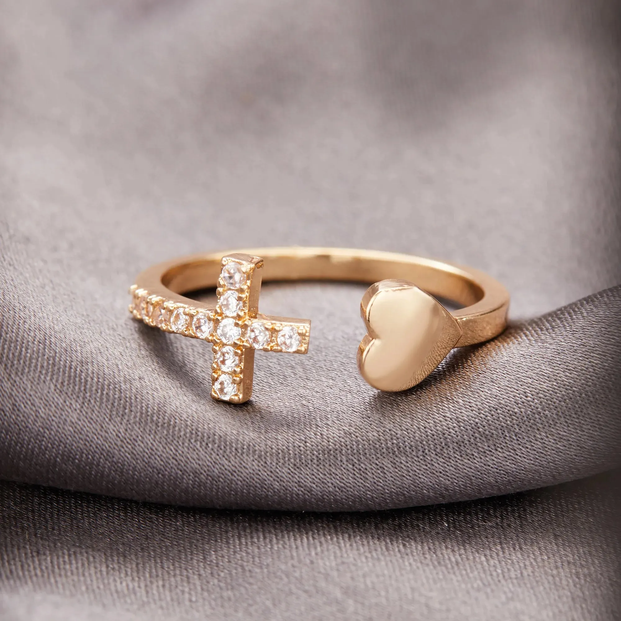1PC Silver Color Alloy Rhinestone Cross Ring Geometric Heart Adjustable Opening Rings For Women Fashion Jewelry Gift