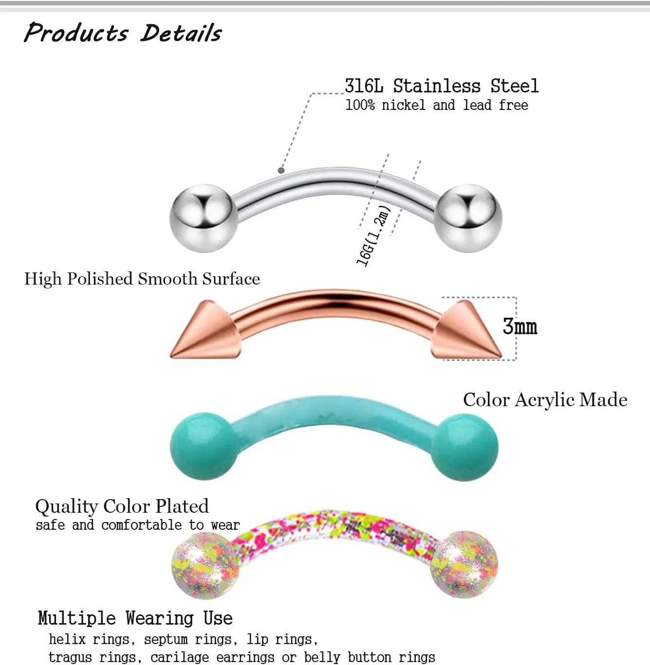20-48Pcs 16G Eyebrow Piercing Rook Curved Barbell Kit Eyebrow Tragus Lip Rings for Women Men 8-10mm