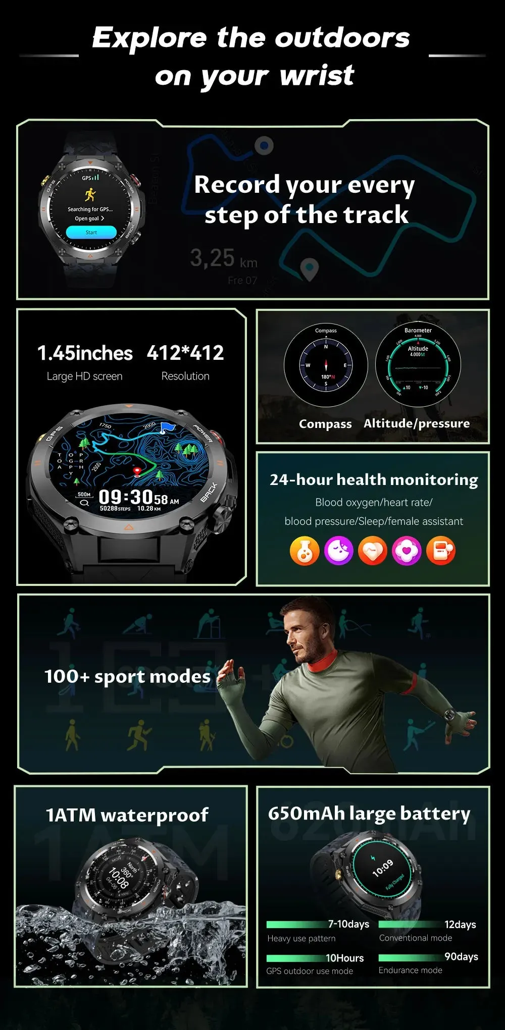 2024 New For HUAWEI GPS Outdoor SmartWatch HD 412*412 AMOLED Screen Heart rate Bluetooth Call IP68 Waterproof Man Smart Bracelet