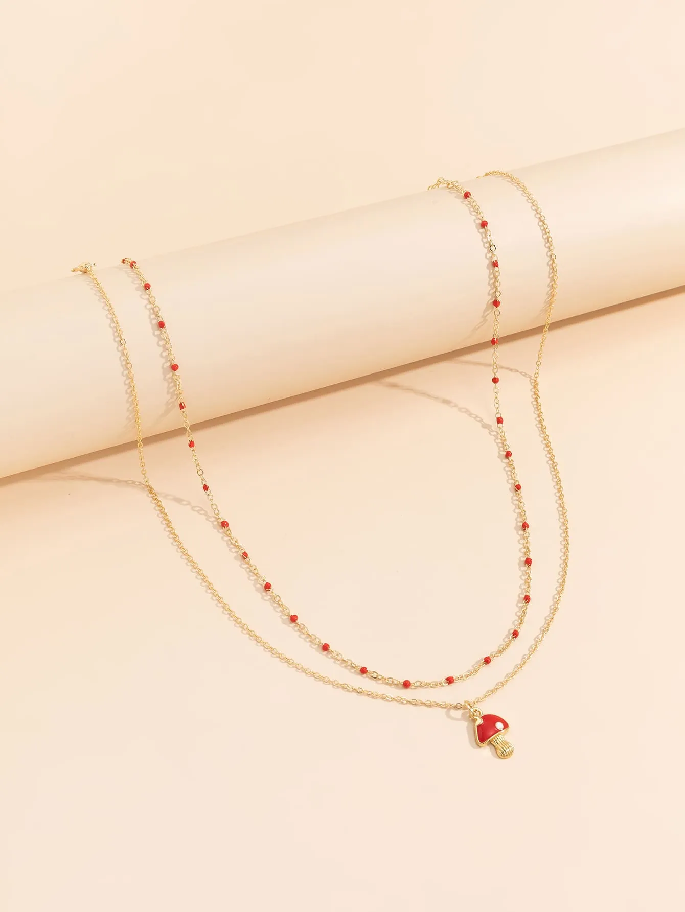 2pcs Red Mushroom Charm Bead Decor Necklace for Women Girls Accessories Jewelry