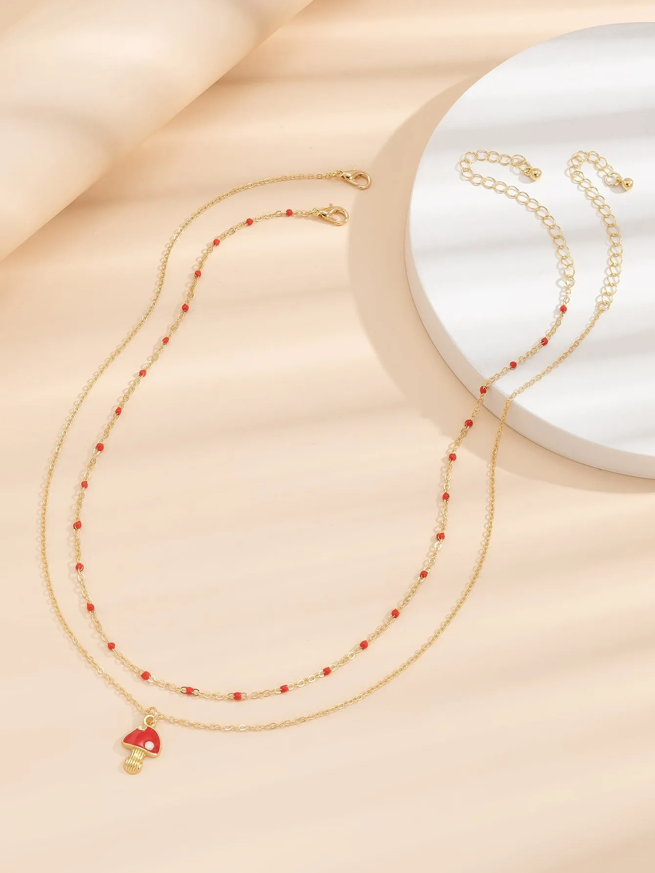 2pcs Red Mushroom Charm Bead Decor Necklace for Women Girls Accessories Jewelry