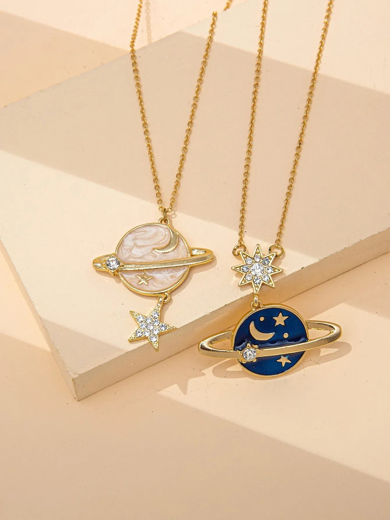 2pcs Rhinestone Star Planet Charm Necklace for Couples Friendship Necklace