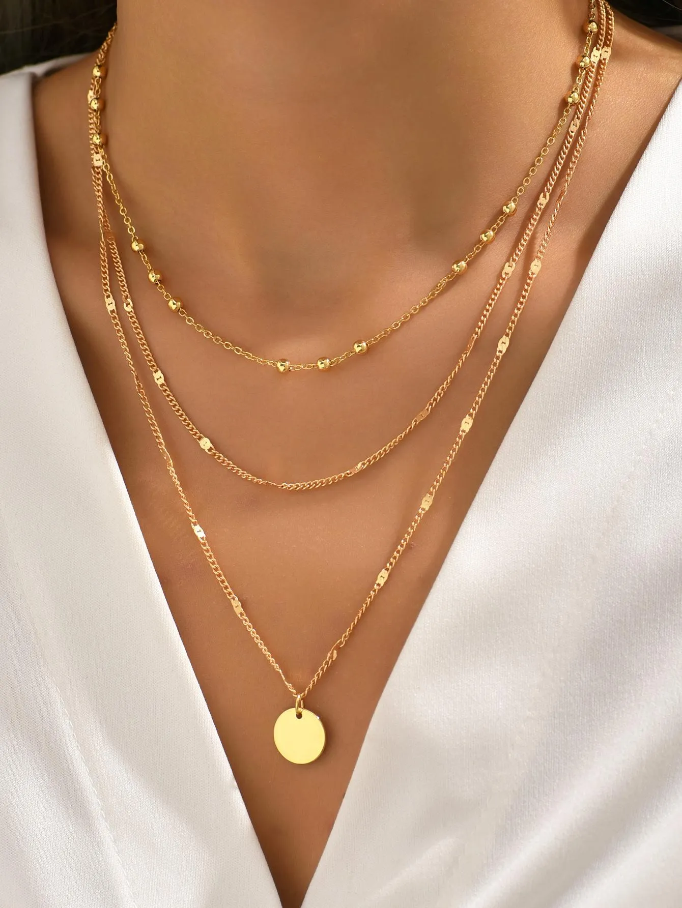 2pcs/set Fashionable Disc & Bead Decor Chain Necklace For Women For Daily