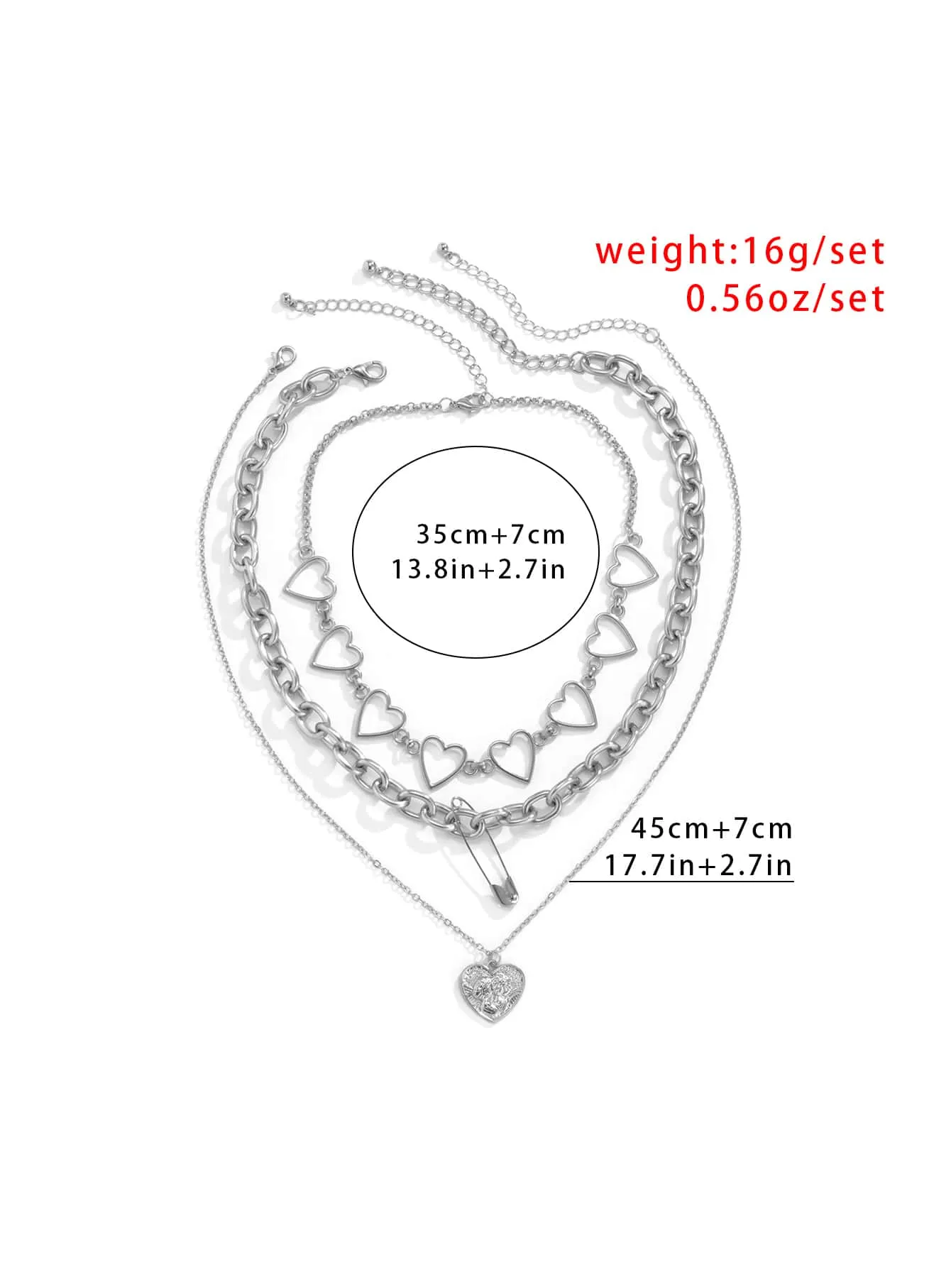 3pcs Heart Link Pendant Necklace Jewelry for Women Gift for Her Necklace