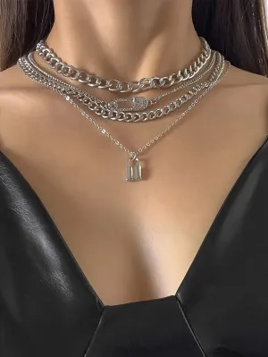 4pcs Rhinestone Safety Pin & Lock Decor Necklace for Women Jewelry for Women