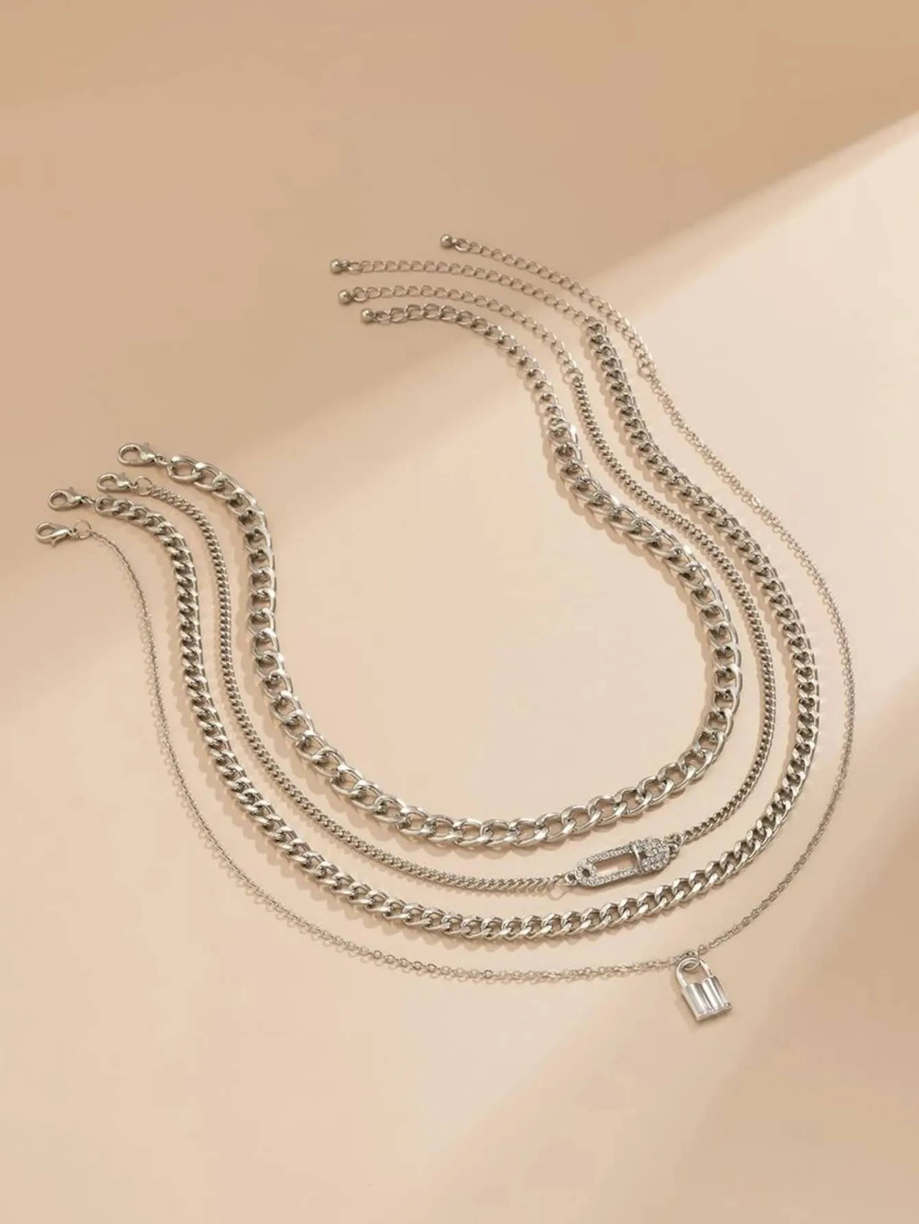 4pcs Rhinestone Safety Pin & Lock Decor Necklace for Women Jewelry for Women