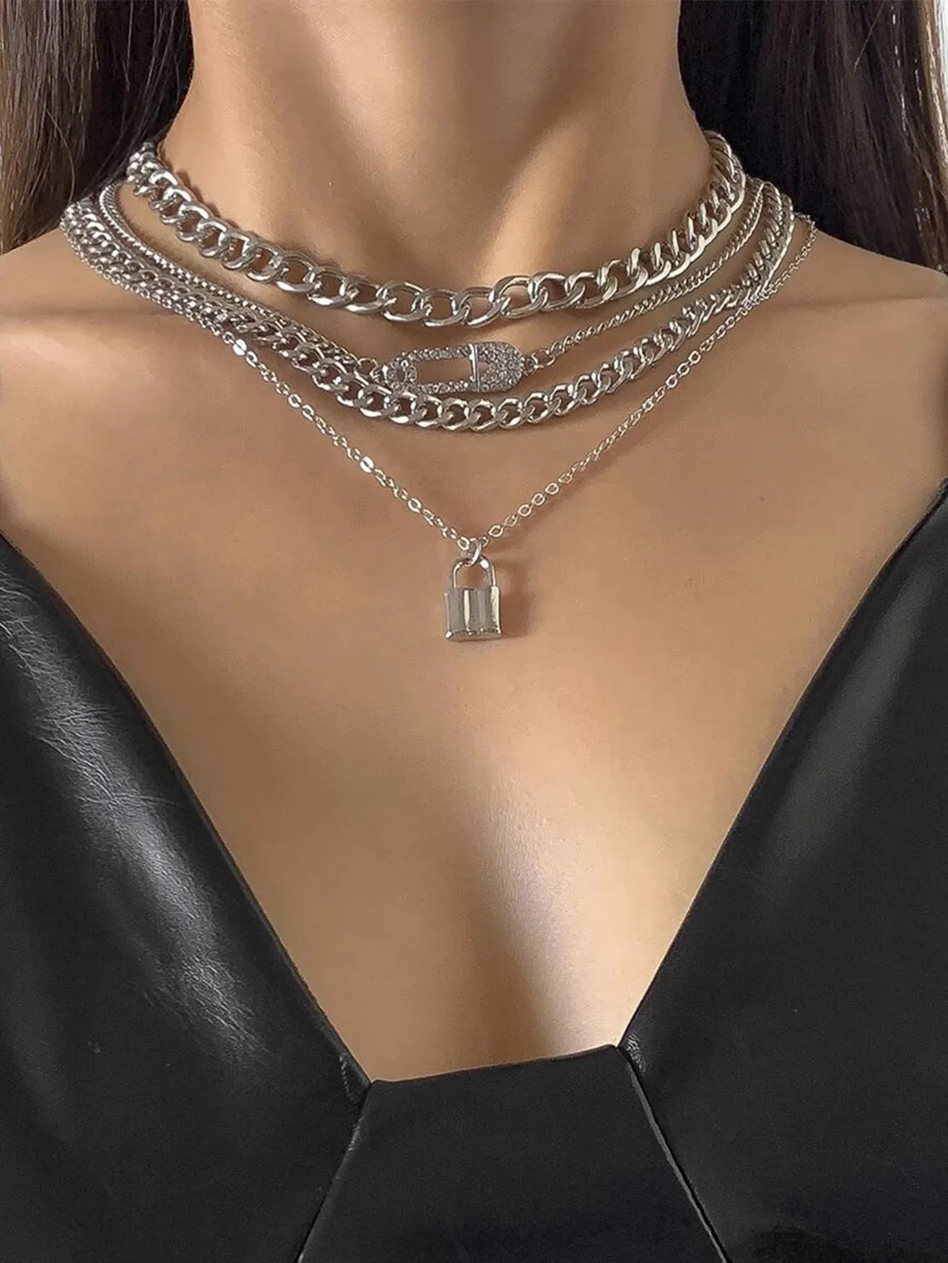 4pcs Rhinestone Safety Pin & Lock Decor Necklace for Women Jewelry for Women