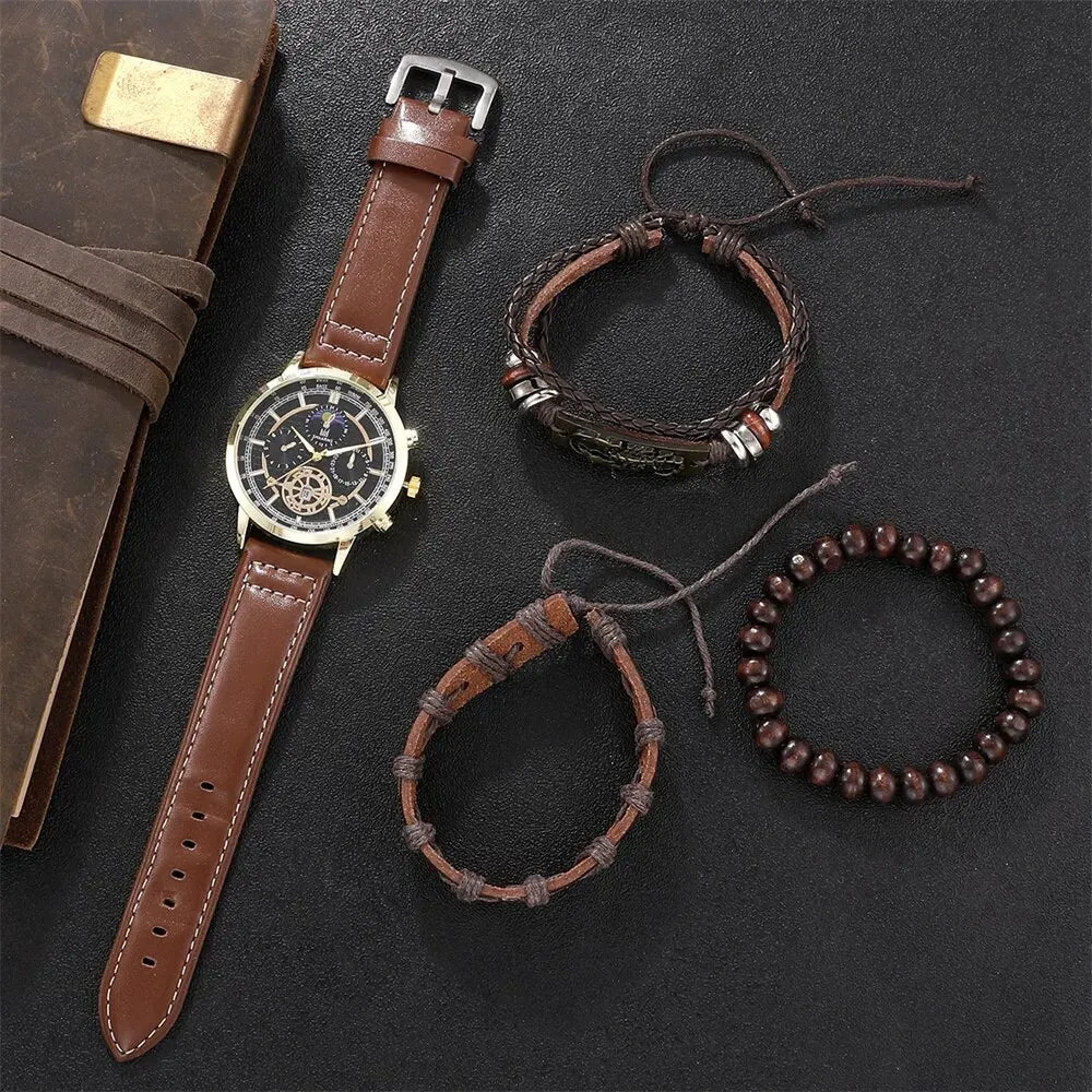 4pcs Set Men Watch Luxury Bracelet Set Fashion Business Brown Leather Quartz Wrist Watches for Men Set