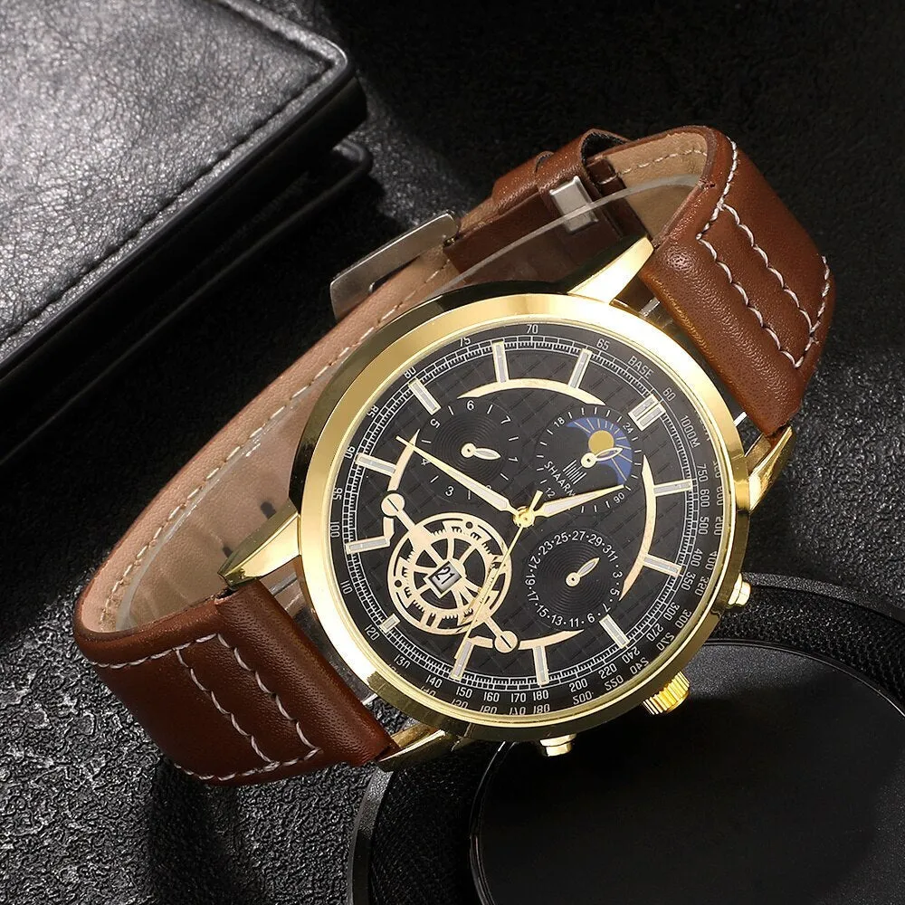 4pcs Set Men Watch Luxury Bracelet Set Fashion Business Brown Leather Quartz Wrist Watches for Men Set