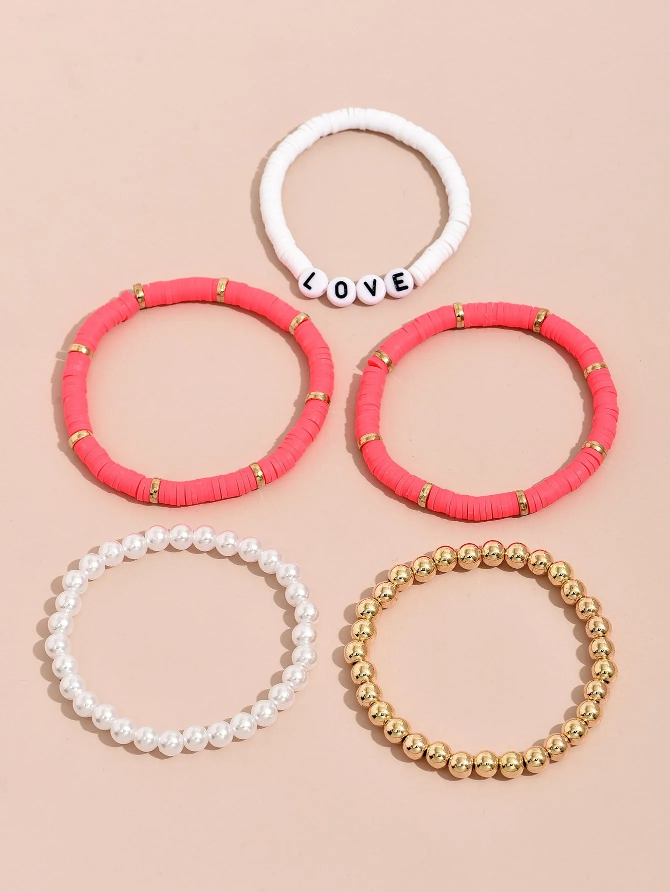 5pcs Faux Pearl Detail Coral White Love Letter Beaded Bracelet Women Bracelet