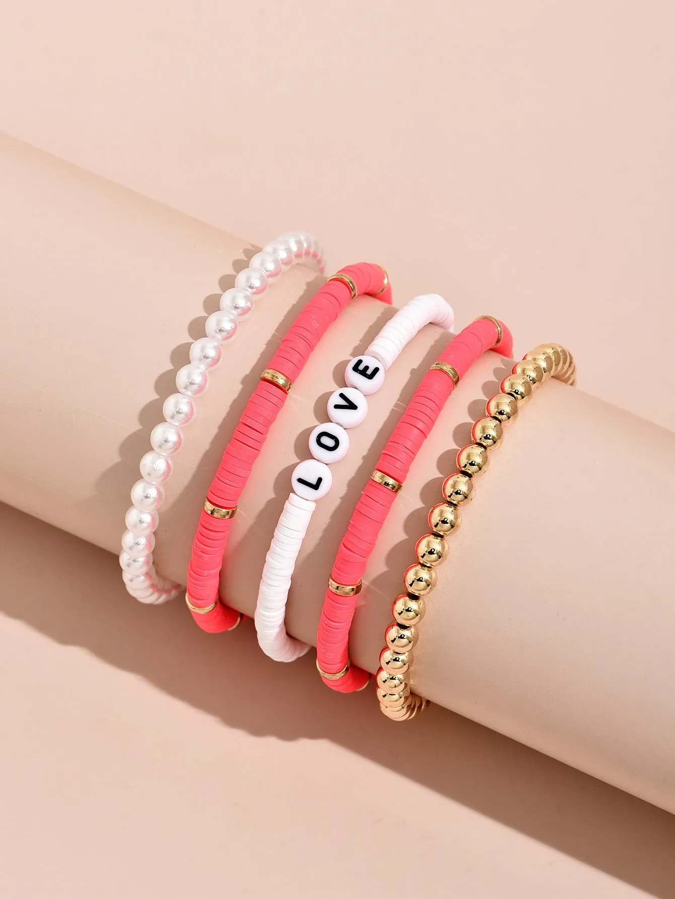 5pcs Faux Pearl Detail Coral White Love Letter Beaded Bracelet Women Bracelet