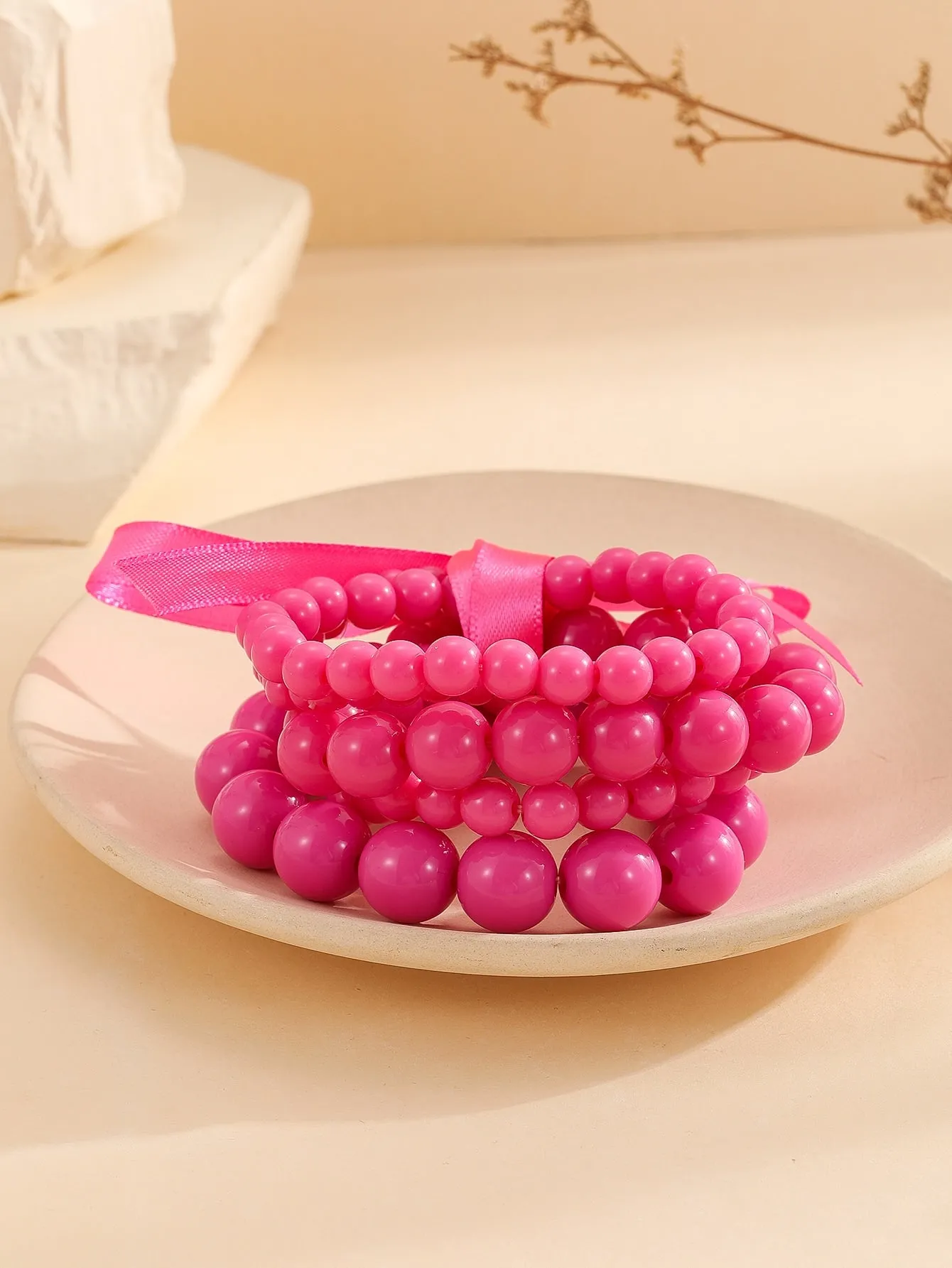 5pcs Hot Pink Beaded Bracelet Women Bracelet Stackable Bracelet Crafted Jewelry