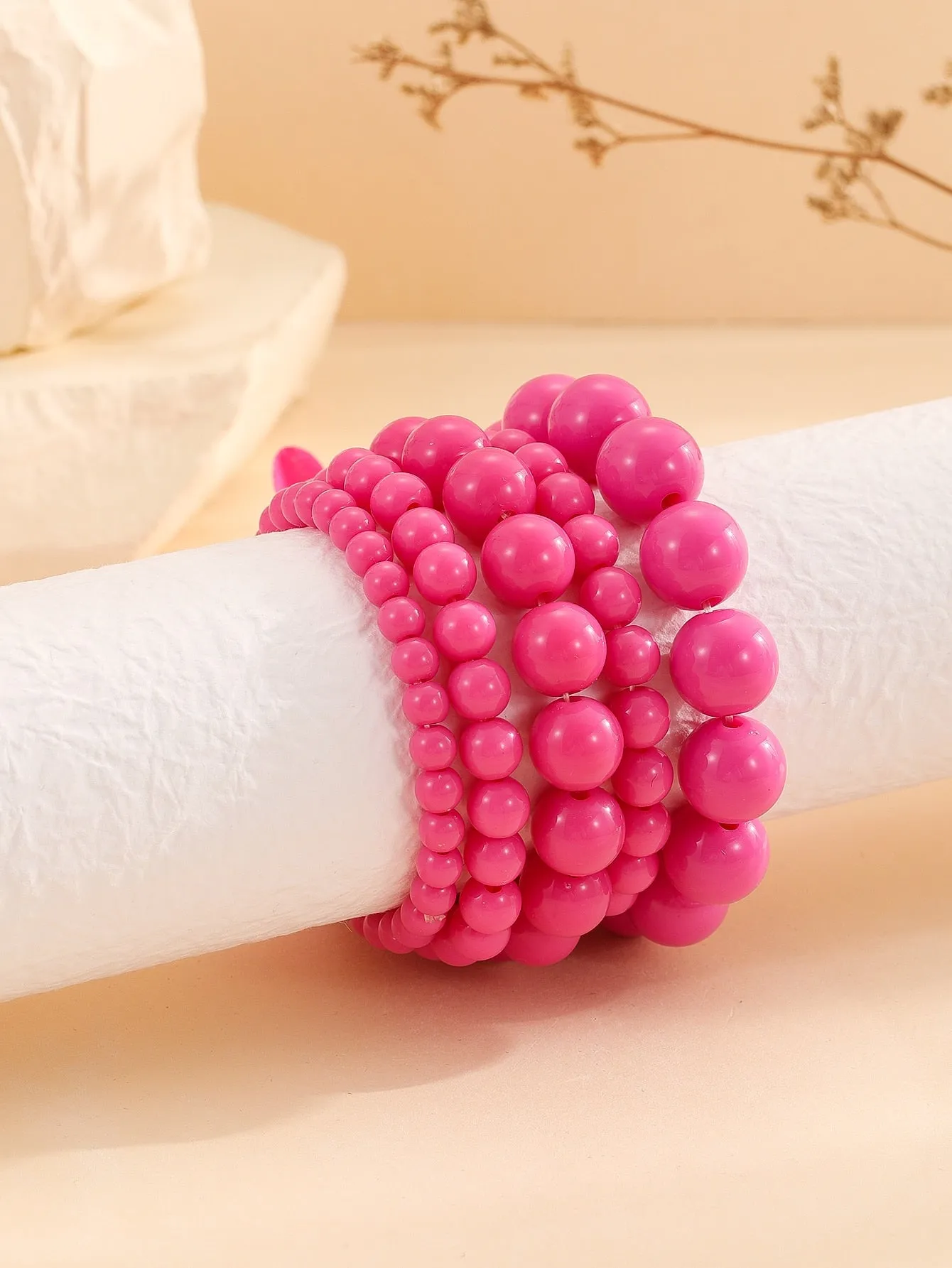 5pcs Hot Pink Beaded Bracelet Women Bracelet Stackable Bracelet Crafted Jewelry