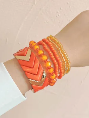6pcs Orange Mixed Style Beaded Bracelet Women Bracelet Stackable Bracelet