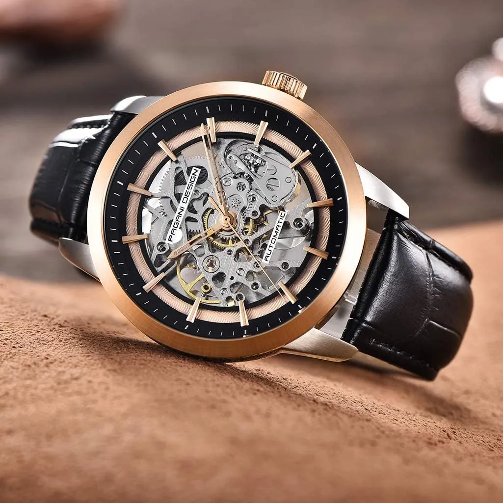 Automatic Mens Watches Skeleton Mechanical Wrist Watch for Men Waterproof Genuine Leather Watchband Luxury Self-Winding Stainless Steel Analog Watch for Men Collection PAGANI DESIGN