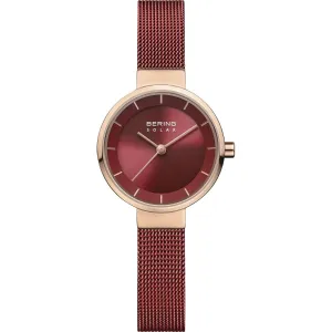 Bering Ladies Rose Gold Plated Red Mesh Solar Watch