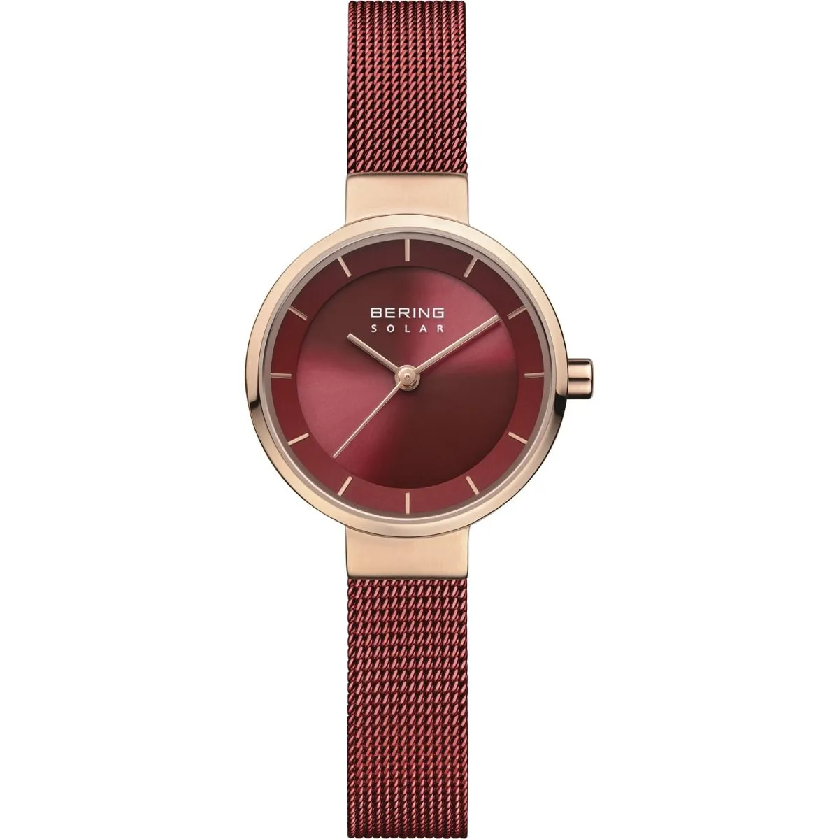 Bering Ladies Rose Gold Plated Red Mesh Solar Watch
