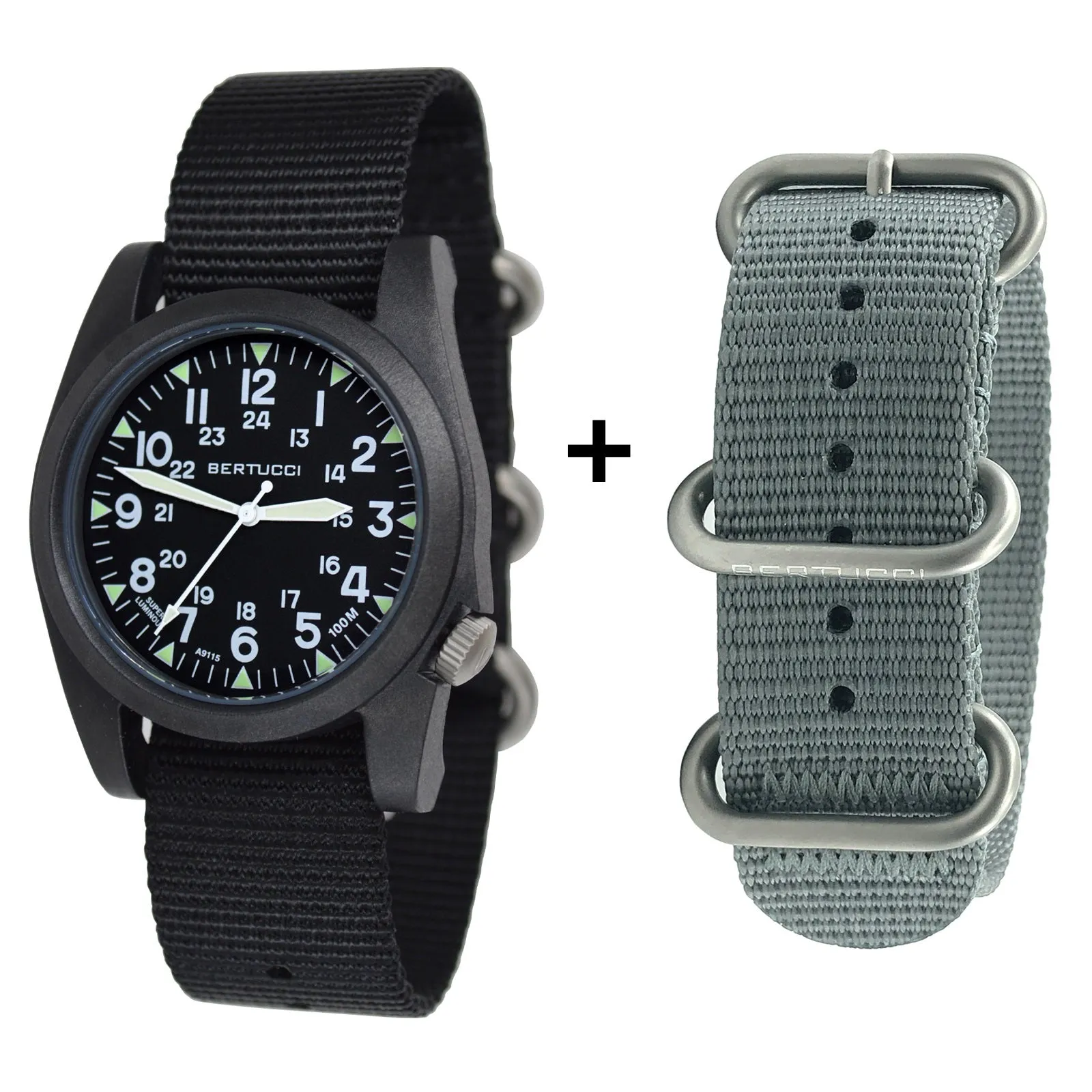 Bertucci Unisex Black Dial Black, Vintage Drab Nylon Band Japanese Quartz Watch - 13386B