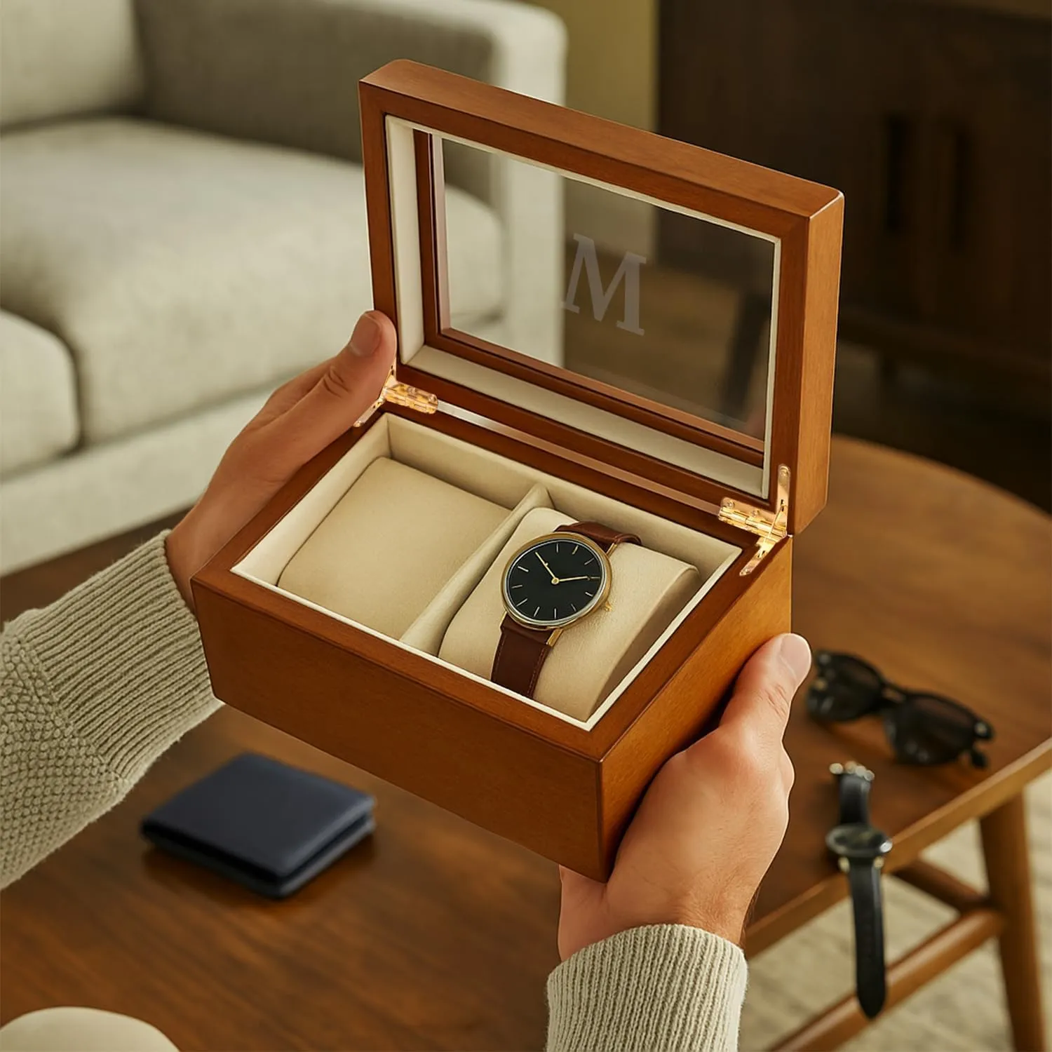 Bey-Berk Custom Personalized 1-48 Slot Watch Box Organizer Solid Wood with Glass Display Top