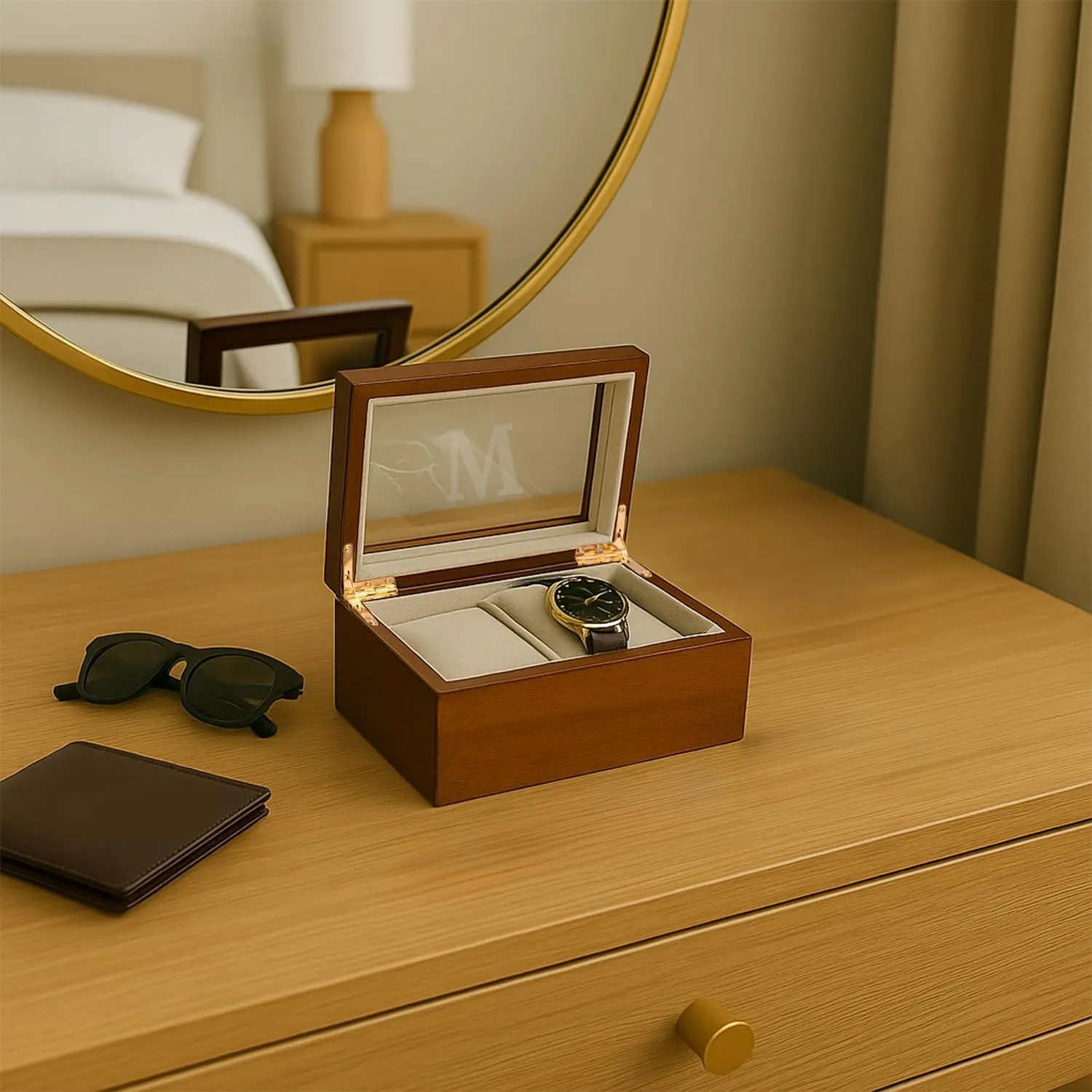 Bey-Berk Custom Personalized 1-48 Slot Watch Box Organizer Solid Wood with Glass Display Top