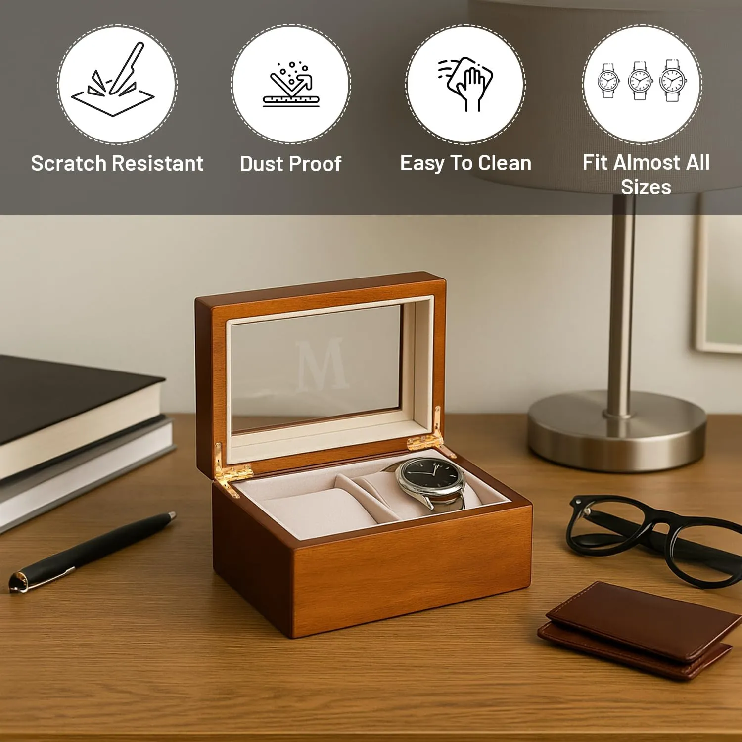 Bey-Berk Custom Personalized 1-48 Slot Watch Box Organizer Solid Wood with Glass Display Top