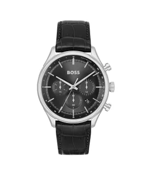 BOSS Gregor Qtz Fashion Chrono Black Sunray Round Dial Men's Watch|Black Mock Crocodile-Grained Leather Material|Black Color Band - 1514049