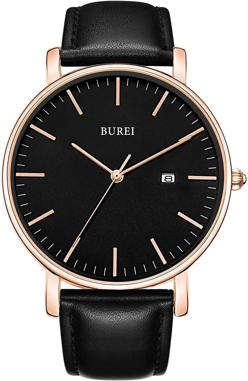BUREI Mens Brown Leather Watches Fashion Minimalist Dress Wristwatch Analog Quartz Watch relojes para Hombres,Gift for Men