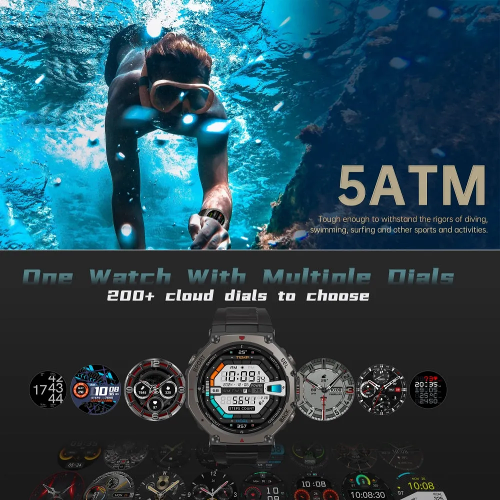 DATEOY T REX 3 GPS Sport Watch - 5ATM Waterproof, AMOLED Display, Multi-Satellite GPS, 170  Sports Modes, Heart Rate, Blood Oxygen, Altitude & Compass