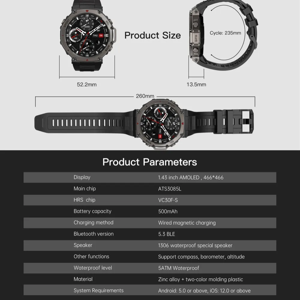 DATEOY T REX 3 GPS Sport Watch - 5ATM Waterproof, AMOLED Display, Multi-Satellite GPS, 170  Sports Modes, Heart Rate, Blood Oxygen, Altitude & Compass