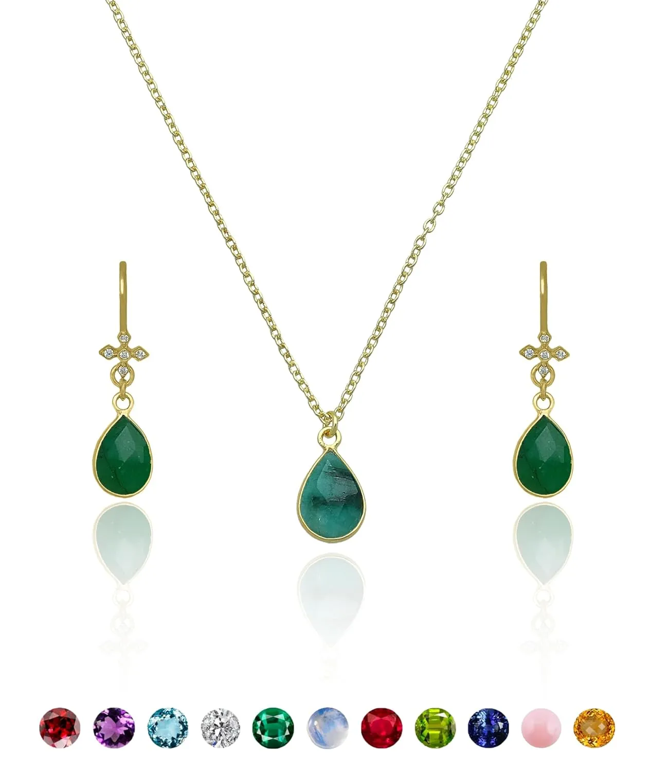 Emerald Necklace for Women - Authentic 925 Sterling Silver Necklace 18K Gold Jewelry, Dainty Pear Drop Pendant Earring Set Necklace for Teen Girls, May Birthstone Gift for Mothers Day