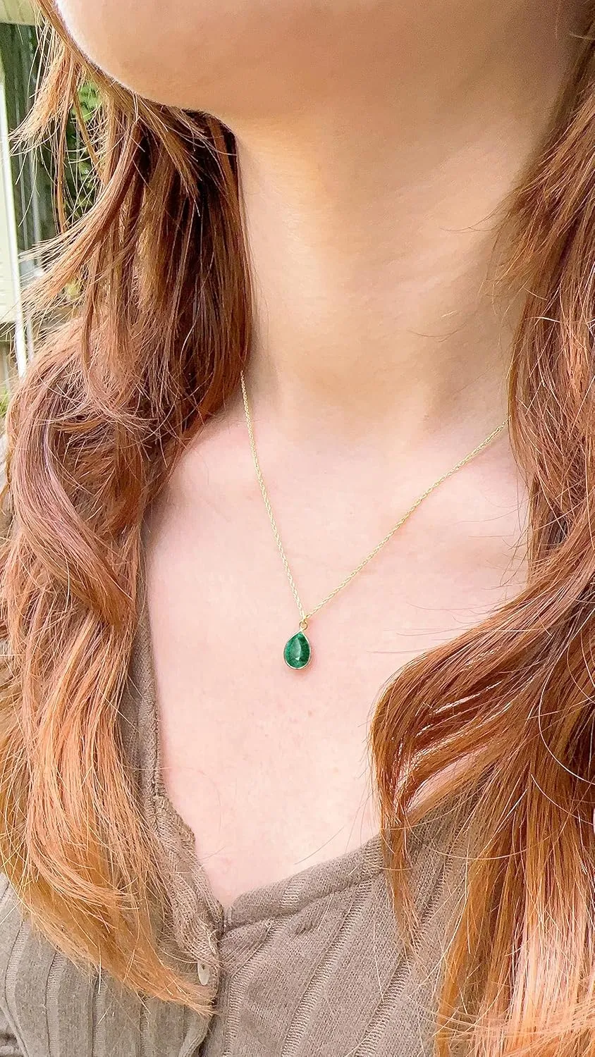 Emerald Necklace for Women - Authentic 925 Sterling Silver Necklace 18K Gold Jewelry, Dainty Pear Drop Pendant Earring Set Necklace for Teen Girls, May Birthstone Gift for Mothers Day