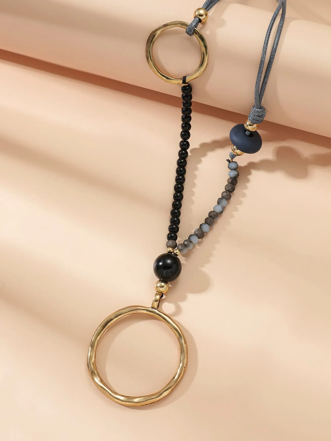 Extra Long Bead Decor Circle Pendant Necklace for Women Girls Accessories