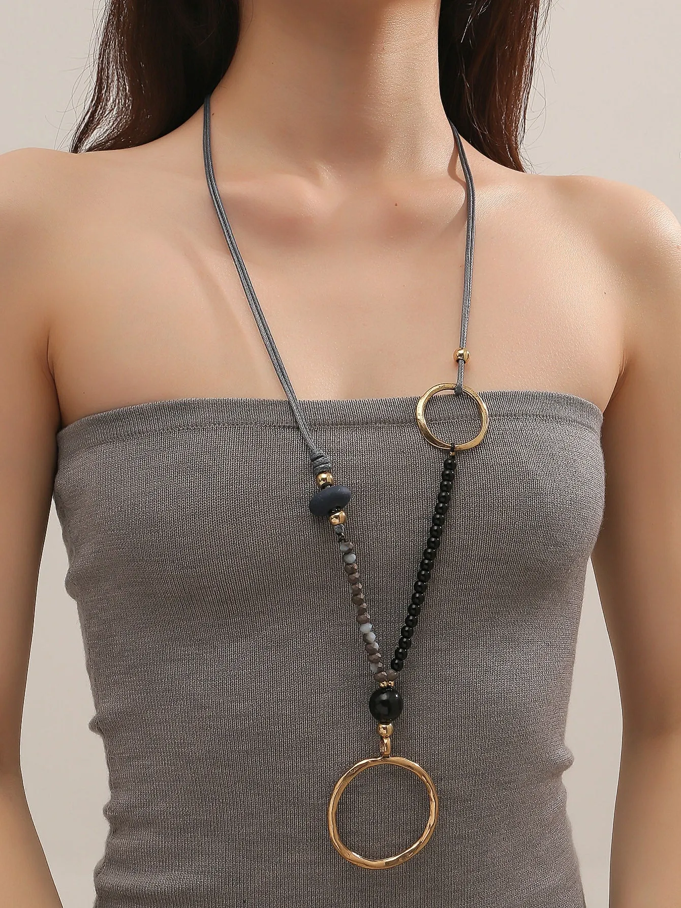 Extra Long Bead Decor Circle Pendant Necklace for Women Girls Accessories
