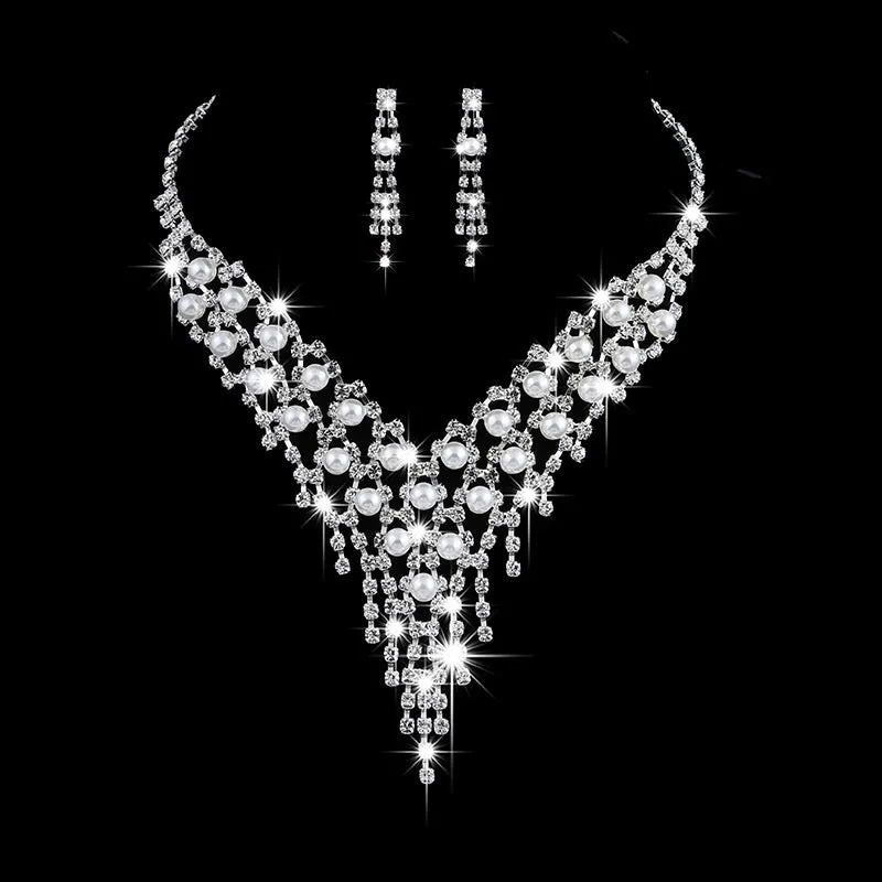 Fashion Bridal Jewellery Set - Claw Chain Earrings - Pearl Rhinestone