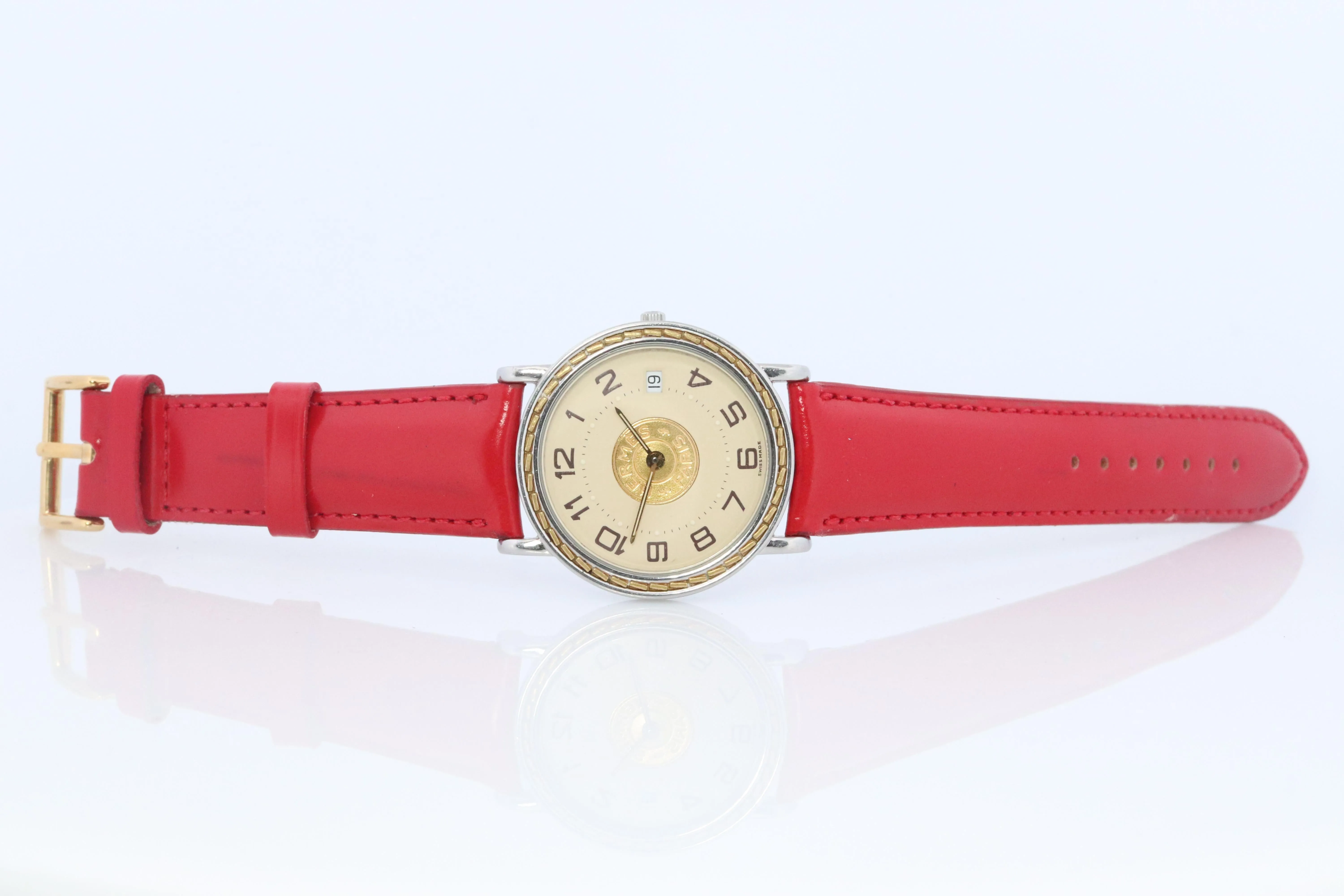 Genuine HERMES Sellier 32mm Round SS and 18k Quartz Watch White Dial.