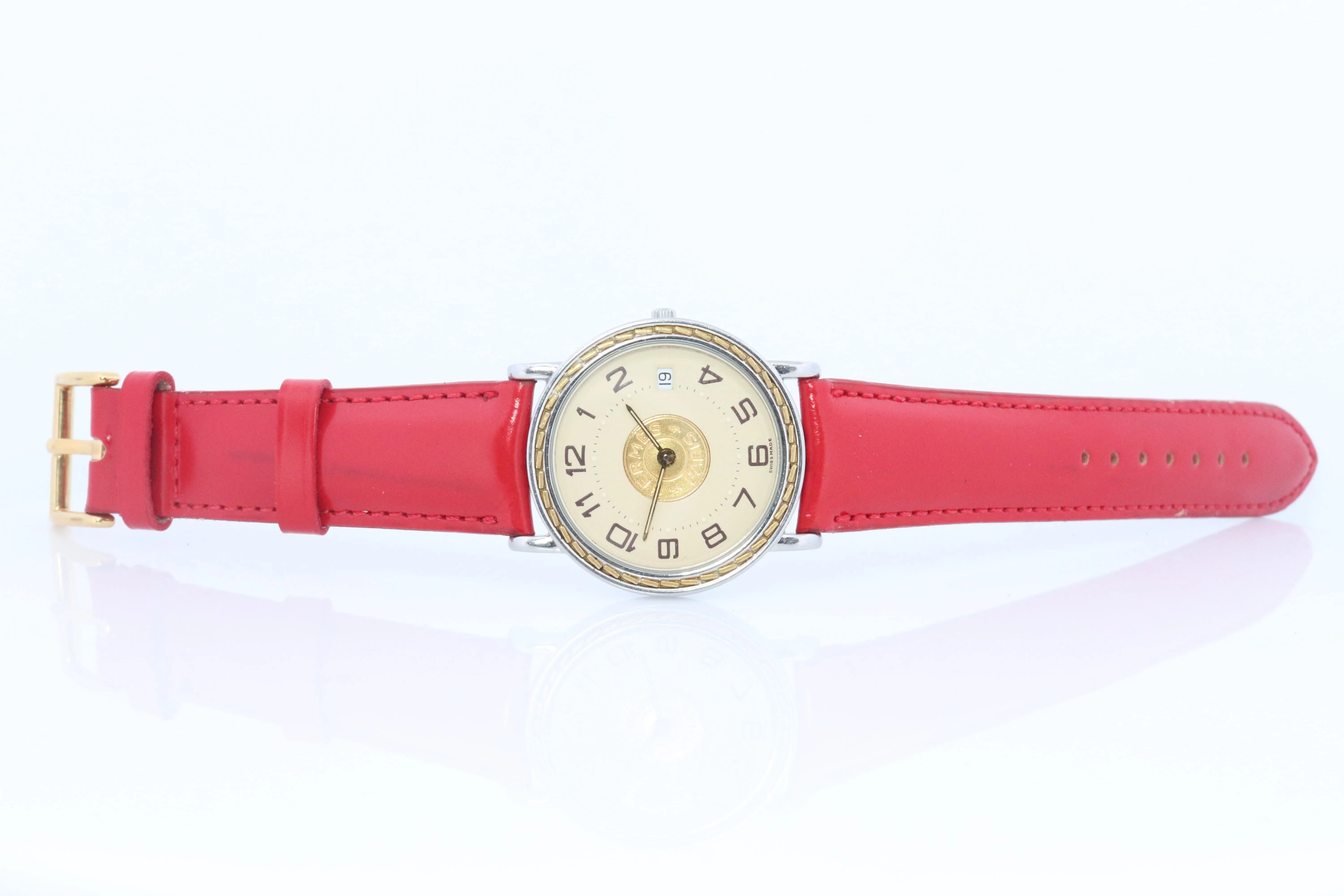 Genuine HERMES Sellier 32mm Round SS and 18k Quartz Watch White Dial.